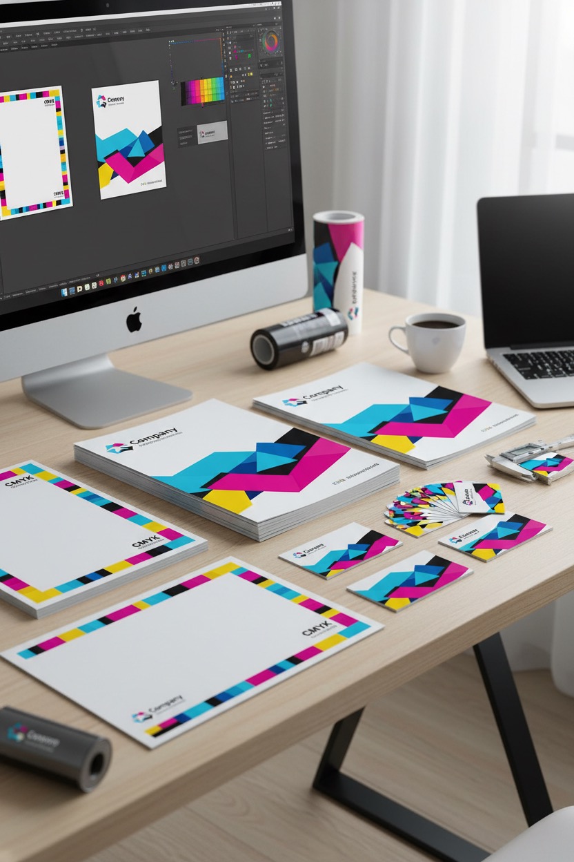 Een bureau met een computer waarop grafische ontwerpen en bijpassende huisstijlmaterialen zoals briefpapier en visitekaartjes met een kleurrijk geometrisch patroon liggen.